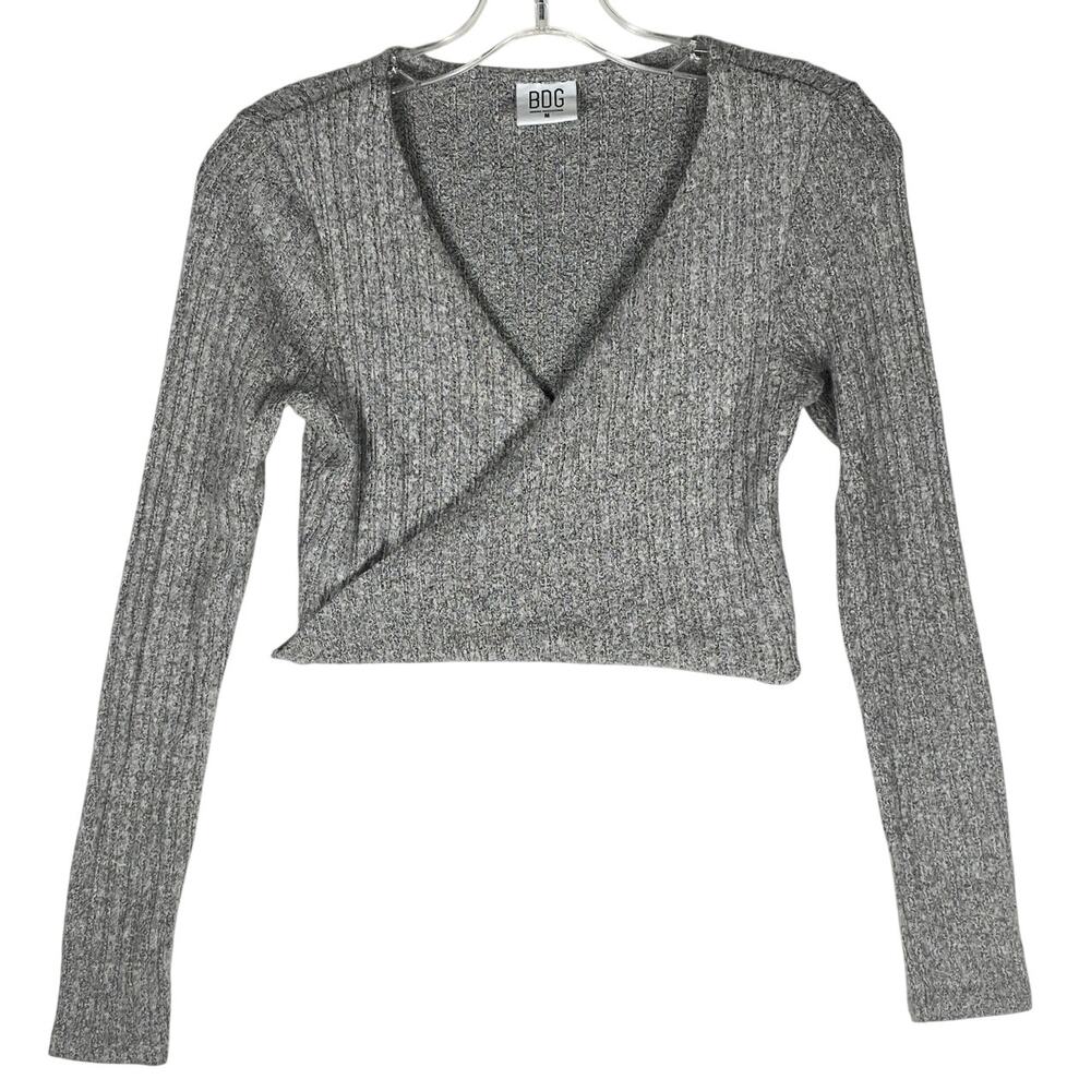 BDG Urban Outfitters Ribbed Wrap Crop Sweater Top Womens M Gray Balletcore Y2K